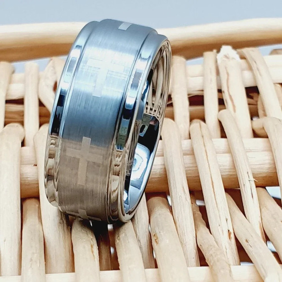 "Silver Tungsten Wedding Ring with Christian Cross Inlay, GALTUN149 - Picture 1 of 6